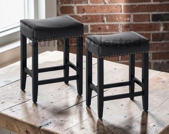 Upholstered Saddle Bar Stools Set of 2  26 Counter Height Solid Wood Legs Kitchen Barstools, Island Bar Cafe