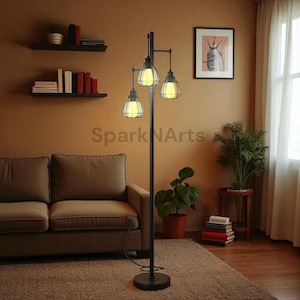Industrial 3-Light Floor Lamp – Black Metal Cage Shade Design – Rustic Standing Lamp for Living Room or Bedroom Decor