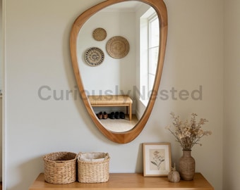 Asymmetrical Irregular Wall Mirror 19x30 | Wood Frame Decorative Vanity Mirror | Bathroom Bedroom Entryway Living Room