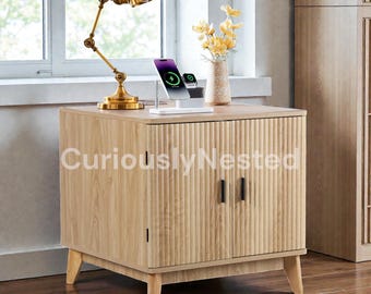 Fluted Side Table with Charging Station, Mid-Century Modern Nightstand 2 Doors Storage, Sofa Couch Table for Living Room, Office, or Dorm