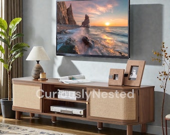 Large Mid-Century TV Stand up to 65", Farmhouse Entertainment Center with Natural Linen Doors & Ample Storage for Living Room