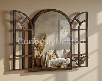 Rustic Arch Wall Mirror | Wooden Window Frame | 38x26 Farmhouse Mirror for Living Room, Bedroom & Entryway