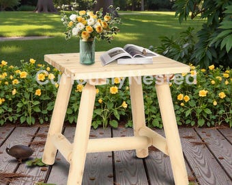 Solid Wood Rustic Square End Table, 19.5" Thick; Adirondack Log Side Table with Slatted Top for Patio, Deck, Living Room