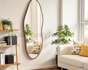 Irregular Cloud Shape Full Length Mirror 64x21  Asymmetrical Oak Wood Frame Floor Mirror  Bedroom Living Room Decor