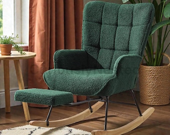 Nursery Glider Rocking Chair Upholstered  Modern Armchair with Retractable Footrest High Backrest  Bedroom Reading Chair