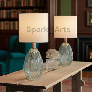 Set of 2 Modern Accent Table Lamps 14.75&quot; – Blue Green Glass Base – Bedroom Office Living Room Nightstand Lighting Decor
