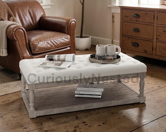 Rectangle Storage Ottoman Coffee Table, Tufted Linen Upholstered Bench Solid Wood Shelf, Living Room Entryway