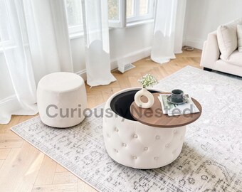 Linen Round Storage Ottoman Set of 2  Wood Tray Coffee Table Footstool  Aesthetic Living Room Decor