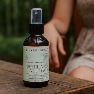 May include: A brown glass bottle of "Bug Off Spray" with a black spray nozzle. The label reads "Lavender & Peppermint" and "Highland Tallow O". The bottle contains 4 fl oz.