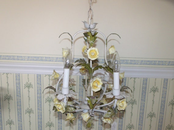 Vintage Italian Tole Chandelier Porcelain Yellow Rose Romantic