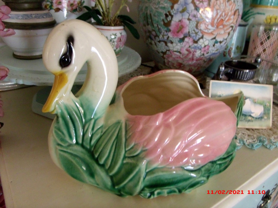Vintage American Bisque Art Pottery Swan Planter Succulent Etsy