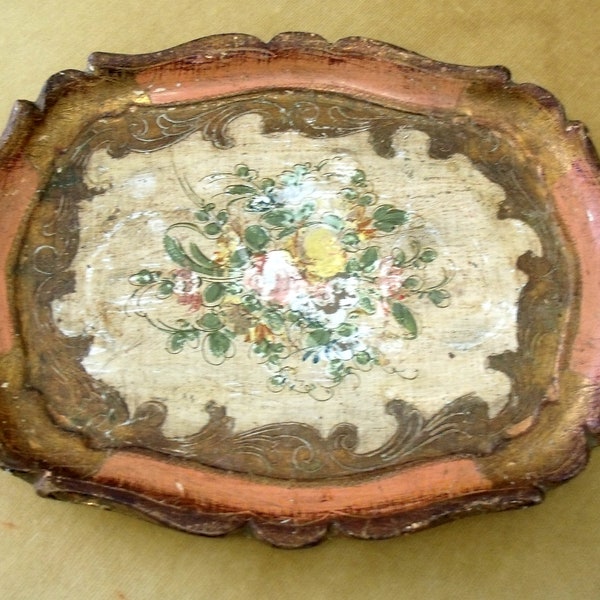 Vintage Old World Charm Italian Florentine Tray Chippy Patina Vanity Tray Hollywood Regency