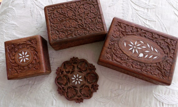 Vintage 70s Inlaid Carved Wooden Boxes Rosette IN… - image 5