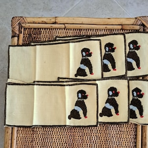 Vintage Set of 6 Linen French Poodle Cocktail Napkins Embroidered Madeira Napkins