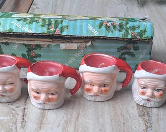 Vintage Boxed Set Winking Santa Miniature Mugs Candleholders Dansan Japan Christmas in July