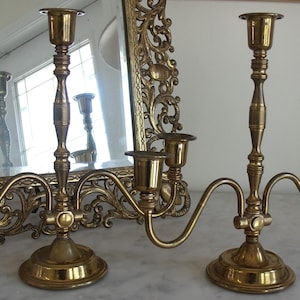 Vintage PAIR Solid Brass Huntercraft Candelabra Moveable Arms Mantle Statement Piece Orig Sticker