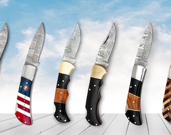 Handmade Damascus Steel Folding Knife with Sky Blue &  Brass Handles - Pocket Knife - Fathers Day Gift