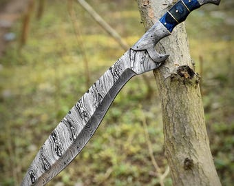 Custom Damascus Steel Outdoor Knife – Handmade Curved Blade Knife for Camping & Gifts – Unique Viking Style Knife for Men, Steel Knife, Gift