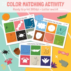 Color Matching Educational Activities, Printable Worksheets, Montessori Learning Games, Shape Sorting, Preschool Kindergarten Homeschool