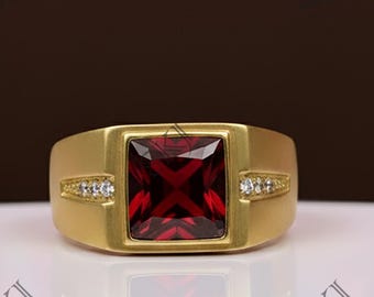Bague homme rubis carré en or 14 carats, anneau de pierres précieuses rouges