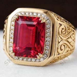 Anillo de hombre hecho a mano con piedra rubí en oro amarillo de 14k, anillo de gema rubí para él,