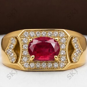 Red Ruby 14k Gold Signet Ring, Minimalist Unisex Statement Ring, Men's Rectangular Pinky Ring with Gemstone.