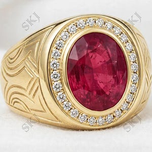 Anello con sigillo in oro 14 carati, anello unisex con rubino, pietra preziosa rettangolare da uomo.