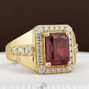 Men's Square Ruby Signet Ring, 14K Gold Vintage Statement Jewelry
