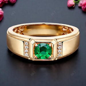 Emerald Men&#39;s Signet Ring: 925 Sterling Silver Gold Rhodium Wedding Band