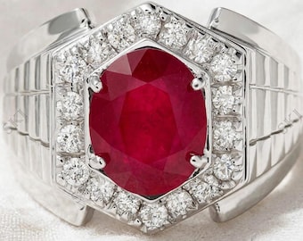 Rubin-Herrenring, 925er Silber, sechseckige Form.