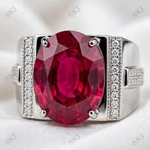 Anello con rubino color sangue di piccione, anello con rubino color sangue di piccione a taglio ovale, anello in argento sterling 925, anello in argento con rubino color sangue, anello con rubino rosso, anello nuziale con rubino