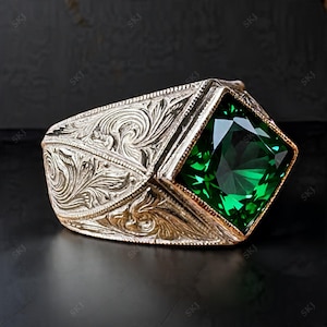 Emerald Ring 925 Sterling Silver Ring - Handmade Jewelry For Men - Engagement Wedding Ring - Gemstone Ring For Special Occasion Gift