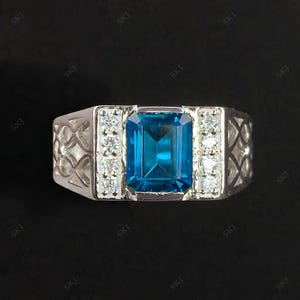 London Blue Topaz Ring For Men: Cushion Cut 925 Sterling Silver