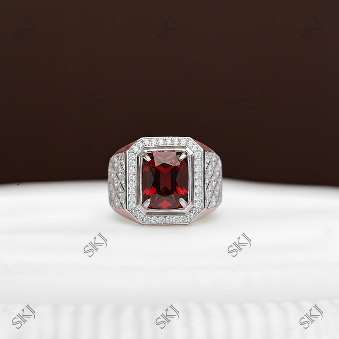 Radiant Garnet Men’s Designer Ring in 14k Gold and 925 Sterling Silver ...