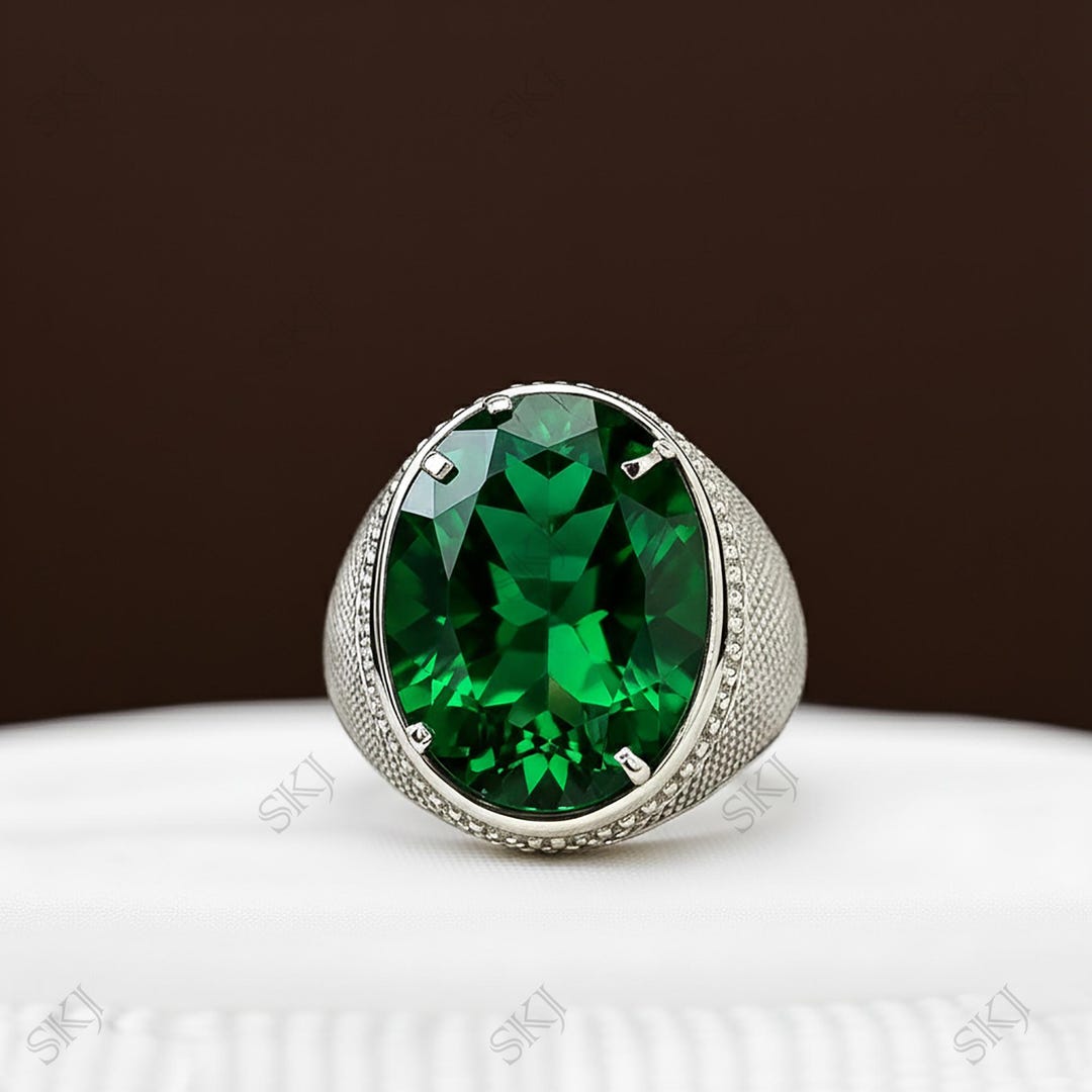 Oval Emerald Men's Ring, Sterling Silver Like That Engagement Jewelry