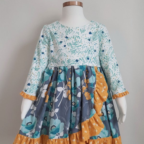 Girls Dress - Size 5 - Teal Yellow Gray Floral Dress - Ready to Ship - Original