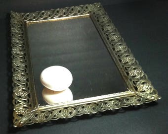 Vintage Vanity Mirror Tray / Rectangular Metal Mirror Tray / Shabby Chic Filigree Dresser Mirror Tray