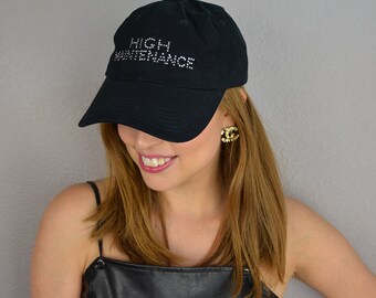 90s Women's Rhinestone Baseball Hat "High Maintenance" Slogan Hat Black Adjustable 90s Accessories Epsteam