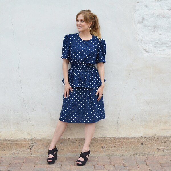 80s Polka Dot Dress Navy and White Peplum Dress Knee Length Smocked Waist 80s Clothing Epsteam