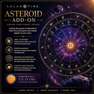 Könnte beinhalten: Eine digitale Grafik für das Solar Fire Asteroid Add-on mit einer kreisförmigen astrologischen Karte und Tierkreiszeichen auf einem dunkelvioletten Weltraumhintergrund. Der Text enthält 'Asteroid Add-on' und 'Compatible with Solar Fire'.
