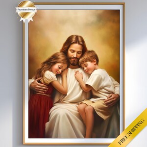 Pode incluir: Uma impressão emoldurada retrata uma cena religiosa. Uma figura central em vestes brancas abraça duas crianças. As crianças, uma menina com um vestido vermelho e um menino com calções bege, estão próximas. O fundo tem um tom dourado quente.