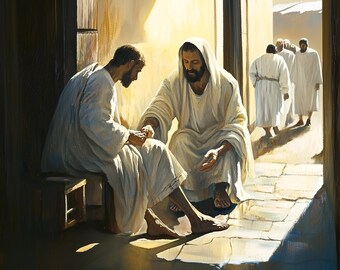 Puede incluir: Una pintura que representa una escena religiosa. Dos figuras con túnicas blancas están sentadas, una en un banco de madera, conversando. La luz del sol entra por una abertura, iluminando las figuras y el suelo de piedra. Otras figuras con túnicas blancas caminan al fondo.