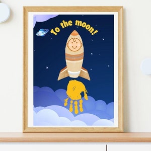 To The Moon Footprint Handprint Art Cute Children Activity Newborn Keepsake Craft DIY Crypto Bitcoin Rocket Card Baby Boy Father Present
