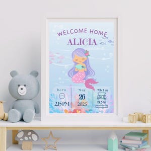 Tarjeta de anuncio de nacimiento de niña sirena, imprimible, personalizada, con detalles de llegada de recién nacidos, decoración de habitación, lindo regalo personal para padres y abuelos