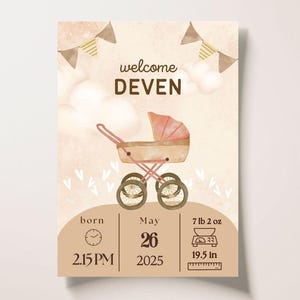 Tarjeta de anuncio de recién nacido con detalles de llegada de bebé personalizada, decoración de habitación imprimible, regalo personal, padres, abuelos, linda información de nacimiento