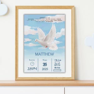 Christelijke aankondigingskaart pasgeboren baby Aankomstgegevens baby Bijbeltekst Kamerdecoratie Cadeau Ouders Grootouders Duif Jezus Geboortegegevens