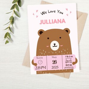 Gepersonaliseerde babymeisje baby geboortedetails schattige beer roze aangepaste pasgeboren aankomstkaart digitale DIY kinderkamer decor kunst aan de muur aandenken geheugen cadeau