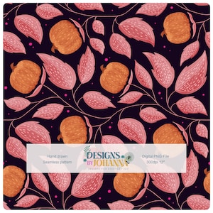 Midnight Pumpkin Patch Botanical seamless pattern |  Autumn Fall Halloween Digital Download PNG | Seamless Design 12×12" 300 dpi