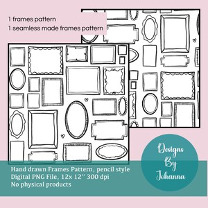 Op de afbeelding: Zwart-wit handgetekend framepatroon. Het ontwerp bevat verschillende framevormen, zoals rechthoeken en ovalen. Het digitale bestand is 30,48 cm x 30,48 cm. De tekst luidt "Designs By Johanna".