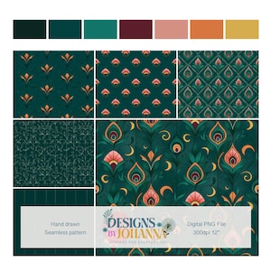 Op de afbeelding: Een digitale PNG-bestand met een handgetekend naadloos patroon. Het ontwerp toont patronen in tinten van teal, groen en goud, met bloemen- en geometrische motieven. Het kleurenpalet omvat teal, bordeauxrood en goud. De tekst luidt "DESIGNS BY JOHANNA" en "Digital PNG File 300dpi 12 inch".